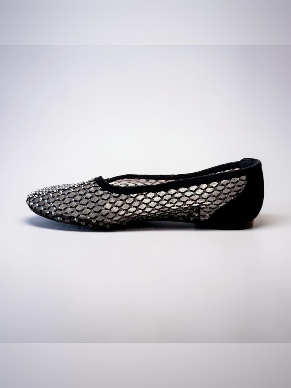 Zara, Rhinestone Mesh Ballet Flats Black Sheer Crystal Shoes, US 6
